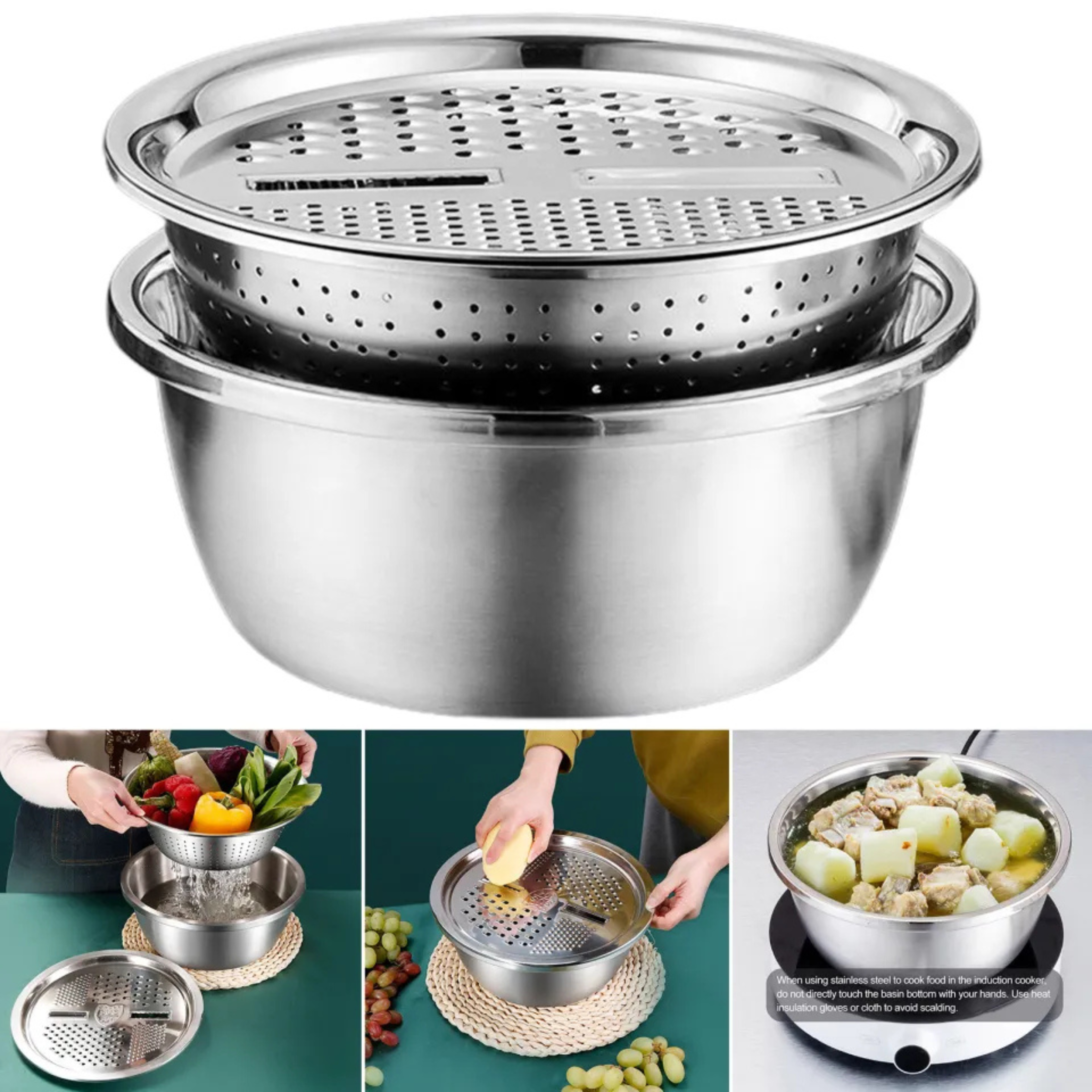3-in-1 Stainless Steel Vegetable Cutter with Drain Basket Easy Food Prep for Southeast Asian Buyers Grater Basin for Fruits Vegetables - Image 2