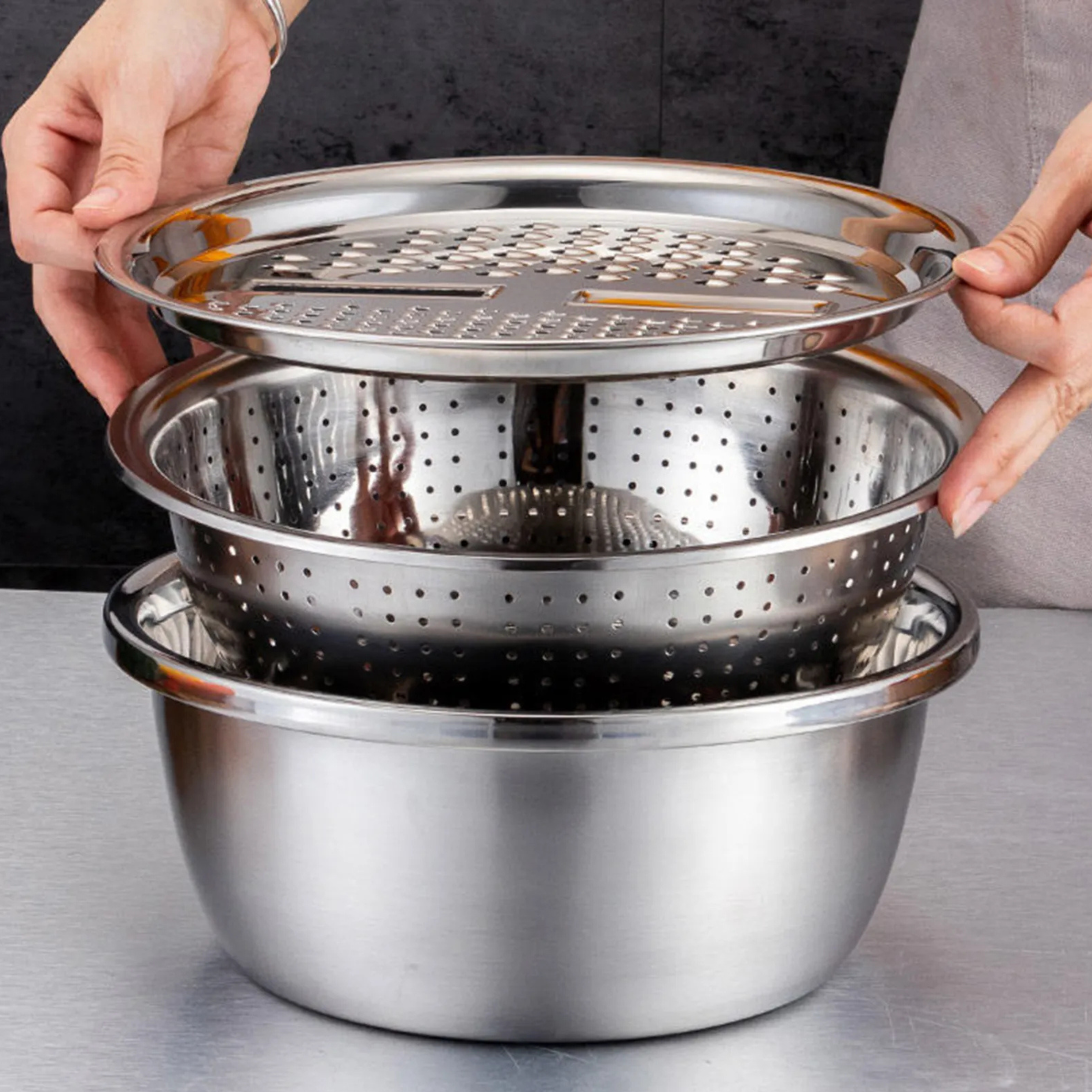 3-in-1 Stainless Steel Vegetable Cutter with Drain Basket Easy Food Prep for Southeast Asian Buyers Grater Basin for Fruits Vegetables - Image 4