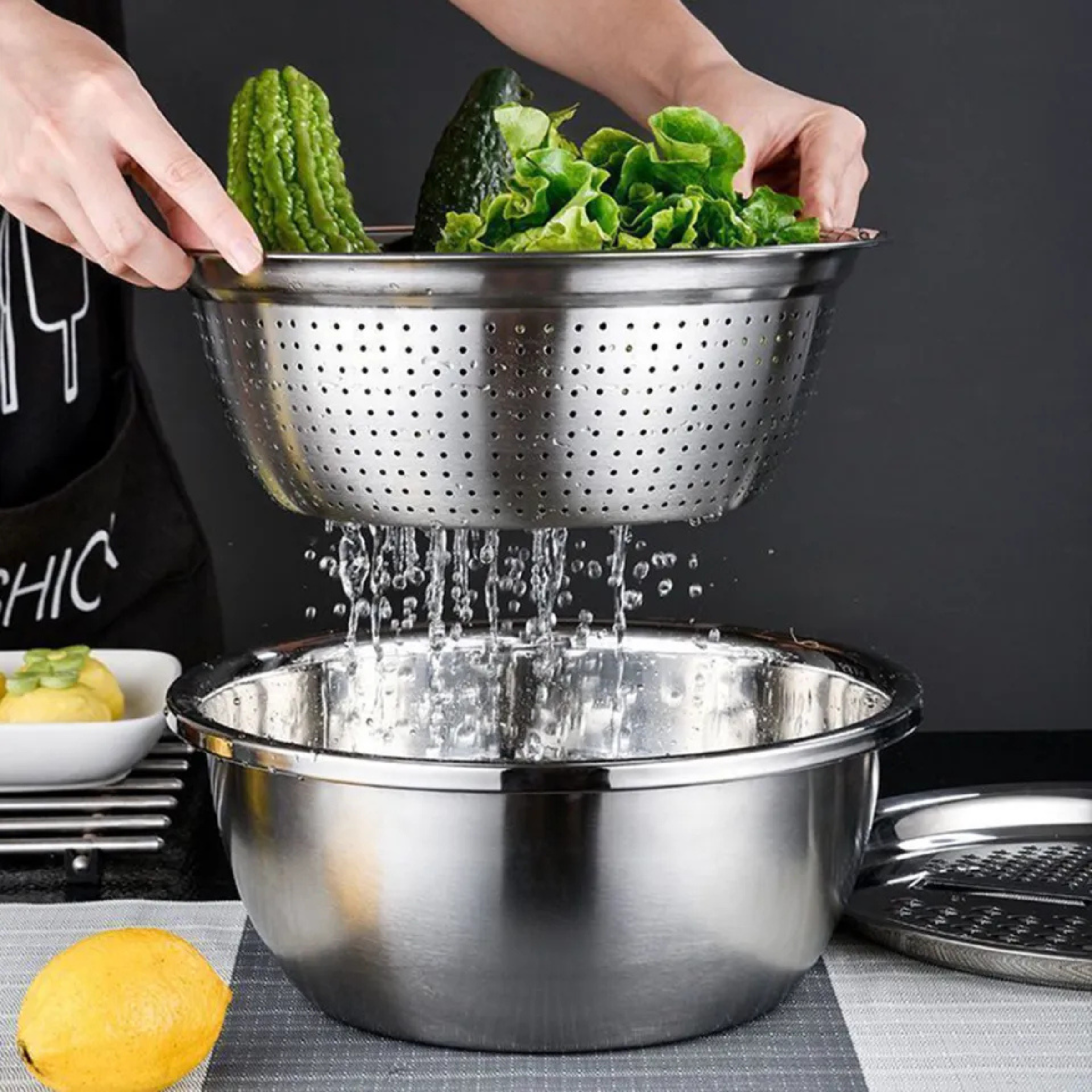 3-in-1 Stainless Steel Vegetable Cutter with Drain Basket Easy Food Prep for Southeast Asian Buyers Grater Basin for Fruits Vegetables - Image 3
