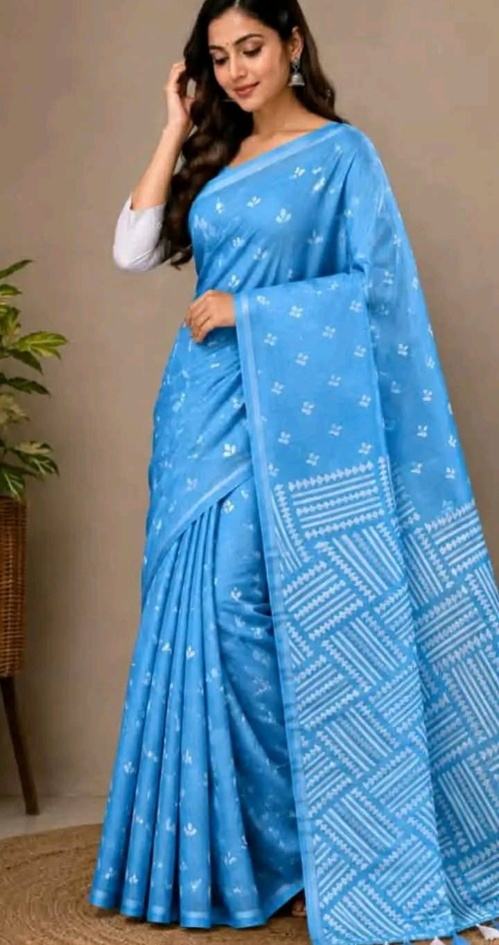 Half Silk Screen Print Saree - Image 4