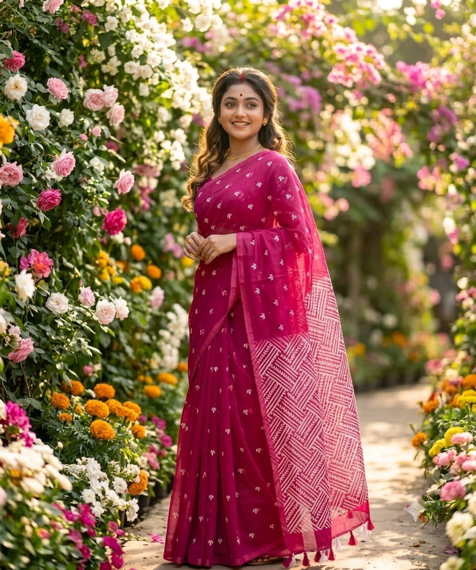Half Silk Screen Print Saree - Image 3