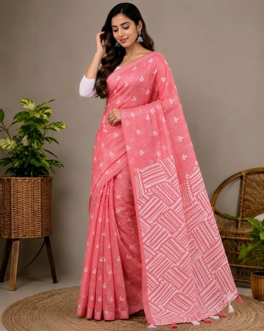 Half Silk Screen Print Saree - Image 5